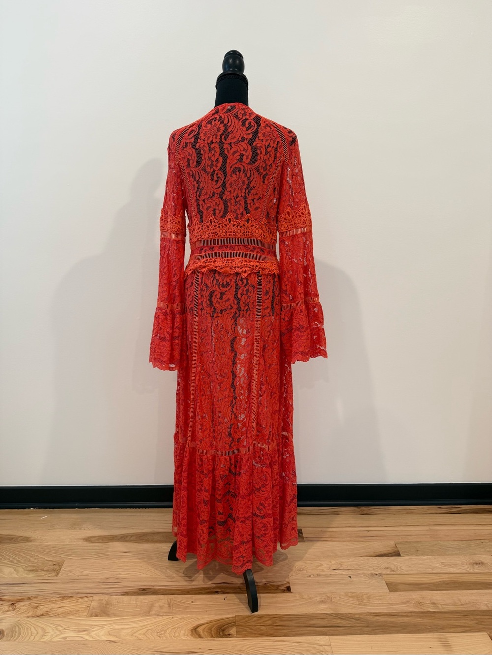 Boston Proper Coral Red Lace Maxi Duster Bell Sleeve Kimono Size Small - Picture 3 of 5